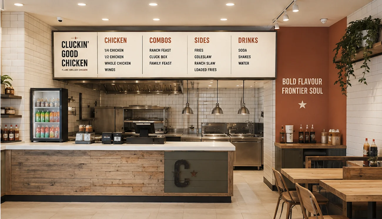 Inside Cluckster: the counter, menu boards and dining area.